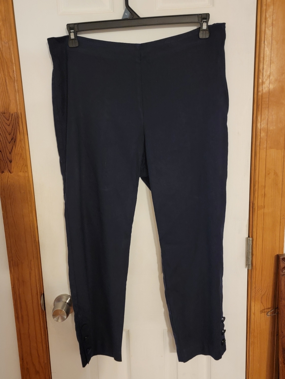 J. JILL Linen Stretch Ankle Pants Buttons L Navy Blue Elastic Waist Spandex L